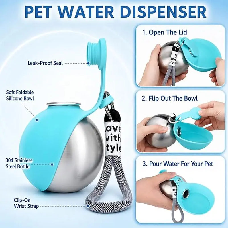 Stainless Steel 10oz Portable Dog Water Bottle with Foldable Silicone Bowl - 2-in-1 Water and Food Dispenser for Dogs on the Go