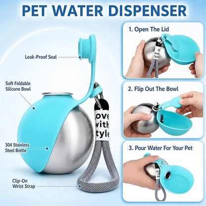 Stainless Steel 10oz Portable Dog Water Bottle with Foldable Silicone Bowl - 2-in-1 Water and Food Dispenser for Dogs on the Go
