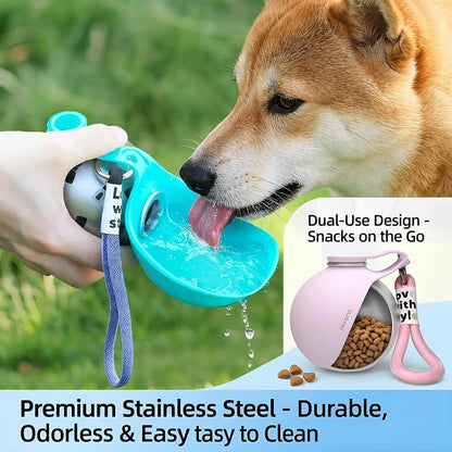 Stainless Steel 10oz Portable Dog Water Bottle with Foldable Silicone Bowl - 2-in-1 Water and Food Dispenser for Dogs on the Go